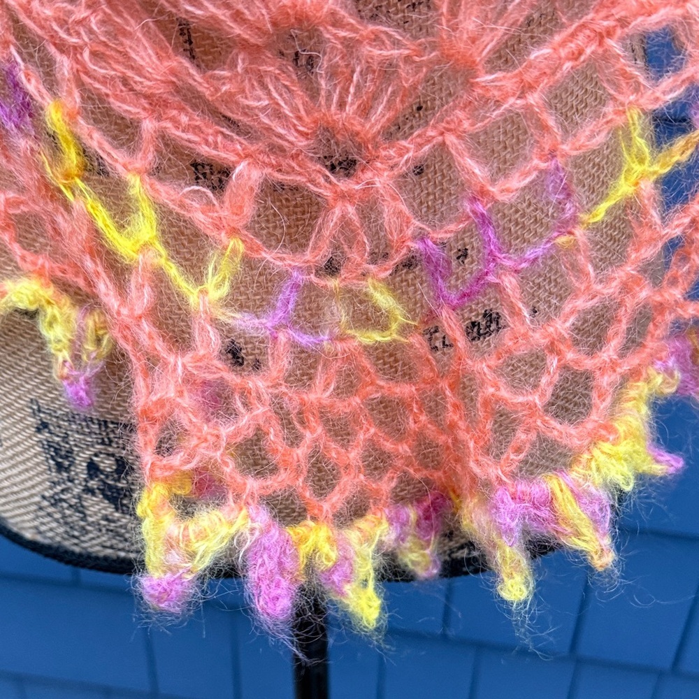 Handcrafted Pink and Yellow Knit Scarf crochet, coral, yellow, and purple wrap - Picture 4 of 9